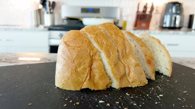 Sliced French bread on black cutting board