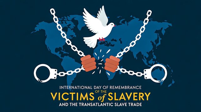 Victims of Slavery remembrance illustration with broken chains and white dove
