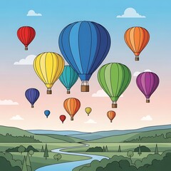 Obraz premium Colorful Hot Air Balloons Flying Over Landscape.