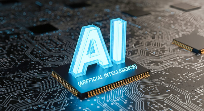 AI Artificial Intelligence typo, "Arfficial" text on microchip, circuit board, technology concept, machine learning, glowing logo, data processing, cpu