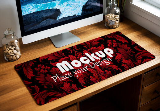 Large Desk Mat Mockup on Wooden Office Table