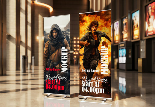 Roll Up Banner  Stand Mockup in Modern Cinematic Lobby for Advertising Display