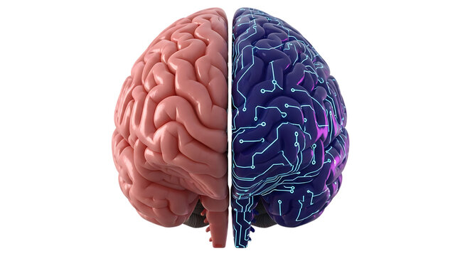 Anatomical brain hemisphere illustration split into two sides on transparent background