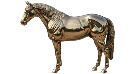 A highly detailed golden horse statue with a reflective surface on transparent background