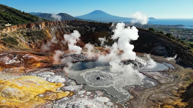 Volcanic crater with fumaroles, colorful rocks, background sea/mtn