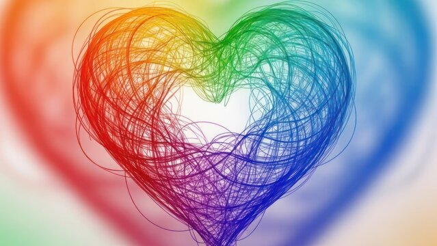 A colorful, abstract heart shape composed of intertwined lines in a spectrum of rainbow colors, set against a gradient background transitioning from blue to red.