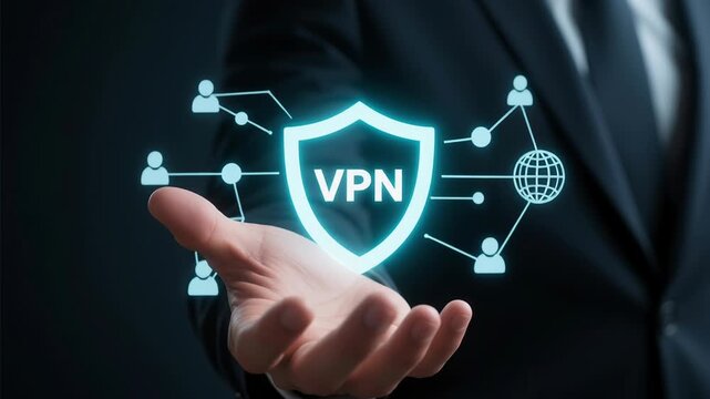 VPN connections and zero trust security with data protection and secure access online privacy using advanced encryption technology concept, hand and shield icon for safety