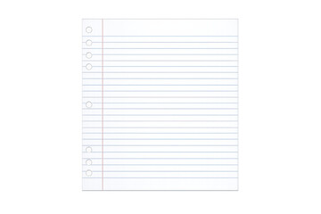 Lined notebook paper sheet with three binder holes and red margins, appearing blank and ready for content, on a transparent background