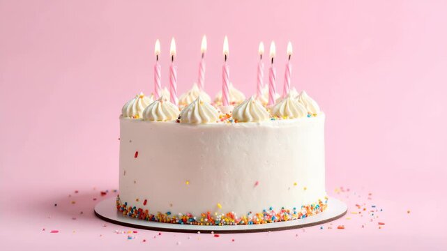 Festive white birthday cake with lit pink candles and colorful sprinkles on pink background