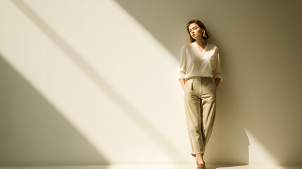 A confident woman standing alone in a brightly lit room her hands in her pockets