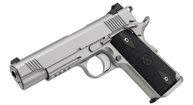 Detailed rendering of a silver 1911 pistol isolated on transparent background