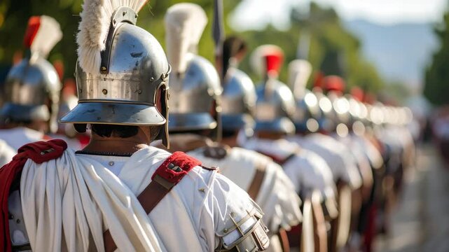 Marching line of ancient soldiers in metal helmets and white tunics with red accents