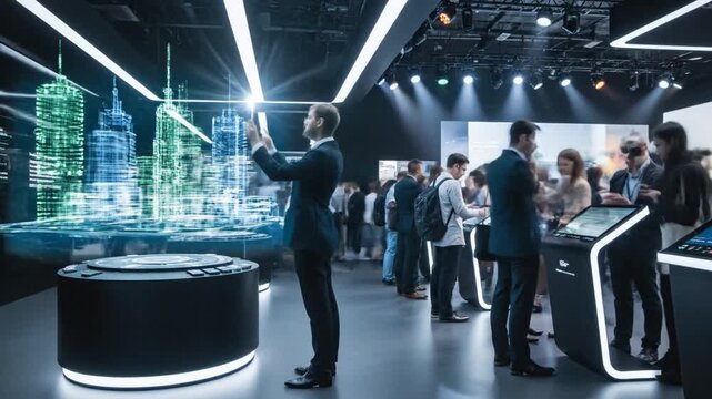 Cinematic slow motion capture of blurred anonymous figures engaged in bustling social interactions at a futuristic digital technology exhibition demonstration showcase event