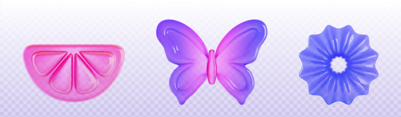 Glossy 3d jelly shape collection with pink citrus slice, gradient butterfly and blue flower for decorative designs or UI elements. Translucent soft candy forms. Playful icons for apps or stickers