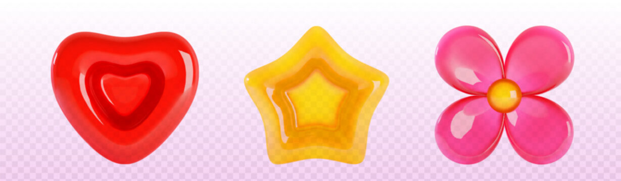 3d jelly shape collection with glossy red heart, yellow star and pink flower for playful design. Translucent soft candy forms. Decorative elements for modern confectionery food projects or game assets