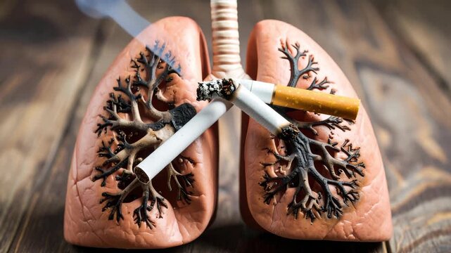 Damaged lungs with burning cigarettes and smoke, concept of smoking harm