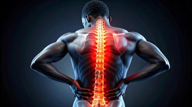 Male torso anatomical view of glowing red spine pain and inflammation dorsal side