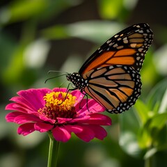 Obraz premium Closeup of monarch butterfly pink zinnia flower detailed wings antennae proboscis soft green background serenity beauty nature transformation renewal