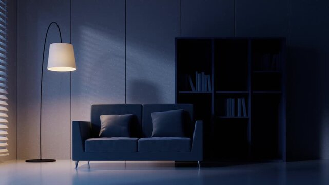 Modern living room interior at night with warm lamp light and flickering moonlight shadows on wall