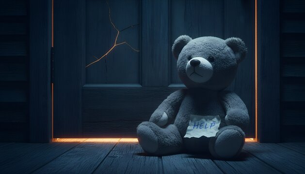 A sad teddy bear holding a &ldquo;HELP&rdquo; note in dark light, symbolizing child neglect and emotional distress. Ideal for banners, advertising, editorials, and social awareness projects.