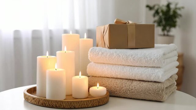 Serene spa scene with lit candles, stacked fluffy towels, and a gift box
