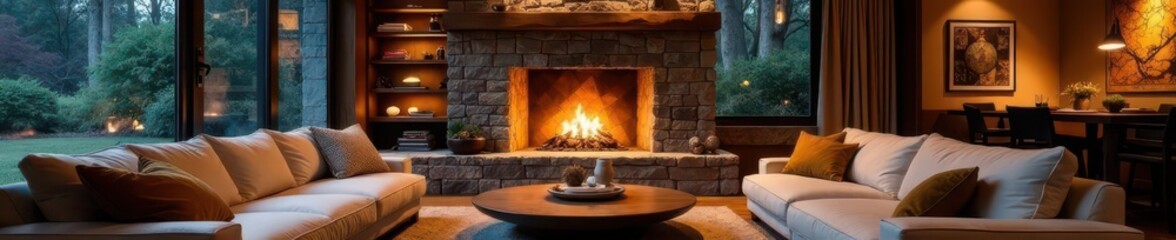 Stone fireplace, plush seating, soft lighting , space, ambiance, hearth