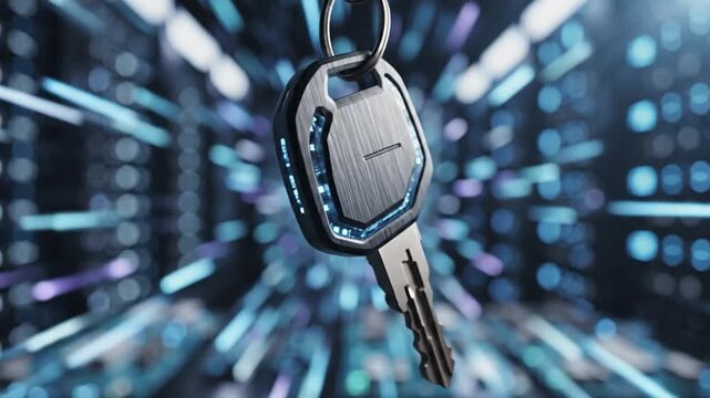 Cinematic Close-up of Glowing Digital Encryption Key Symbol on Abstract Futuristic Network Backdrop with Soft Bokeh Effect and Advanced Cyber Security Concept Visualization