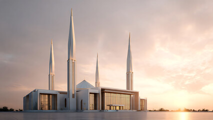 Obraz premium Islamic mosque architecture stands tall with minarets at sunset