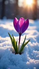 Stunning purple bloom pushing through icy ground, bathed in sunlight , plant, wildflower