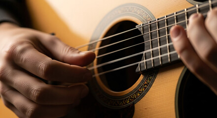 Fototapeta premium Close-up of hands playing traditional Portuguese guitar with detailed rosette design