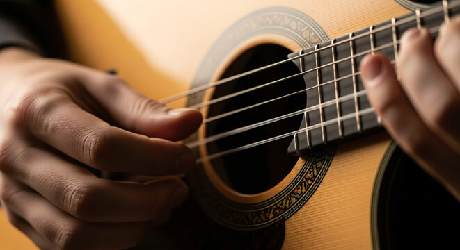 Close-up of hands playing traditional Portuguese guitar with detailed rosette design