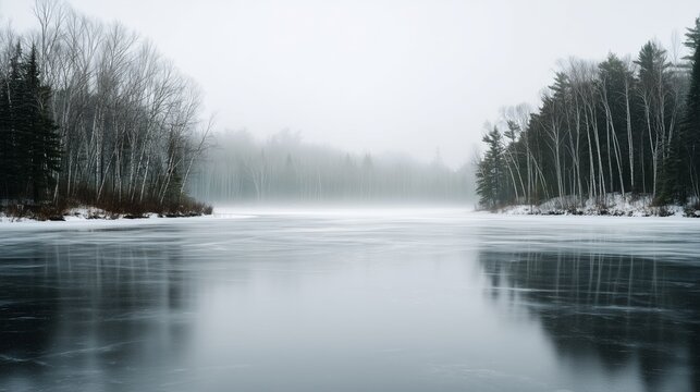 Serene landscape of late winter stillness capturing a frozen lake under a vast pale sky with bare trees reflected in the perfectly still icy surface