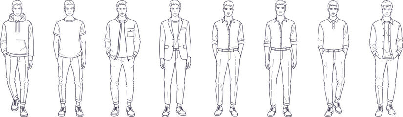 Line art male fashion model character set showing casual and formal outfits with standing poses for menswear illustration style guide and clothing design reference