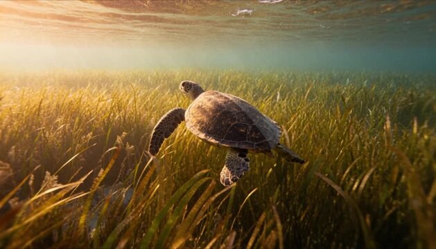 sea turtle shadow passing over dense seagrass bed perfect for world seagrass day