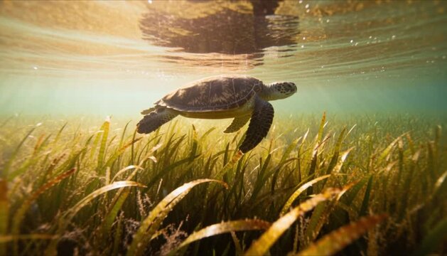 sea turtle shadow passing over dense seagrass bed perfect for world seagrass day