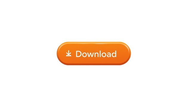 A bright orange download button with a white arrow on a solid black background on transparent background