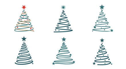Obraz premium Collection of minimalist Christmas tree icons designed with elegant spiral lines and stars for modern holiday greetings.