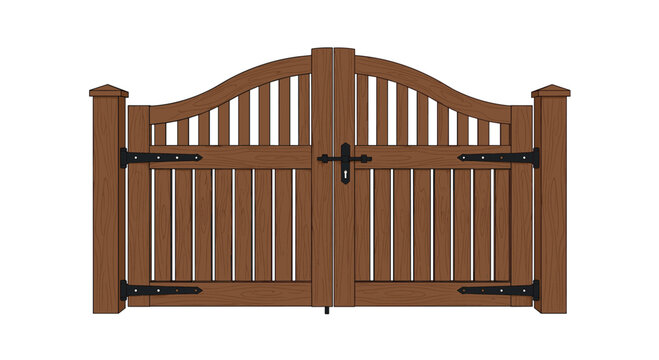 Traditional wooden garden gate with a curved top and black iron hinges and latch shown in a detailed flat illustration for home design uses.
