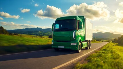 A vibrant green truck drives along a scenic road, surrounded by lush fields and mountains under a bright blue sky.