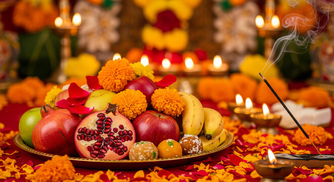 Chaitra Navratri Prasad Plate with Fresh Fruits and Traditional Sweets