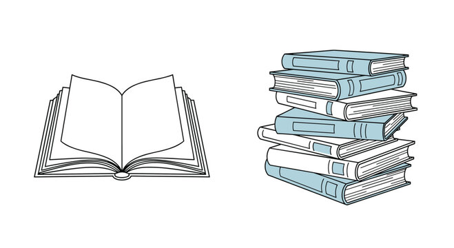 Set of book illustrations including an open book with turning pages and a tall stack of closed light blue books.