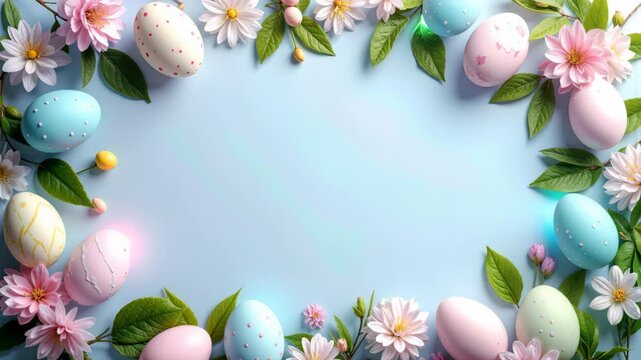 Decorated pastel easter eggs and fresh spring flowers framing light blue background.
