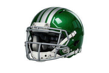 Fototapeta premium American football helmet displaying green shell with silver stripes and dark grey face mask, protective gear on transparent background