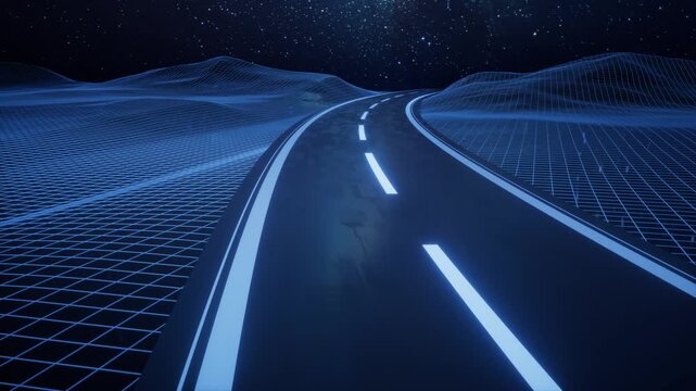 Retro synthwave 80s style road journey through digital neon wireframe grid landscape and starry sky