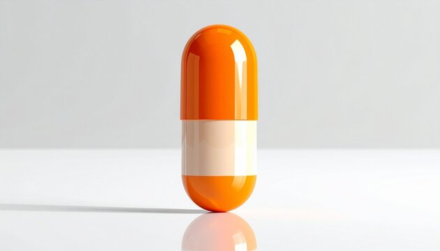 Single orange capsule pill with glossy surface placed horizontally on plain white background