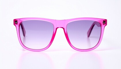 Rectangular eyeglasses with black frame and pink outline, gradient purple lenses on glossy surface