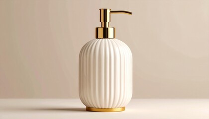 Cream-colored ribbed soap dispenser with gold pump on light surface, beside matte vase and dried flowers