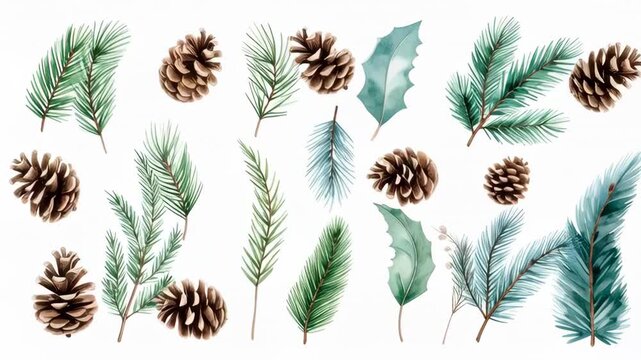 Watercolor arrangement of pine cones and evergreen branches with holly leaves