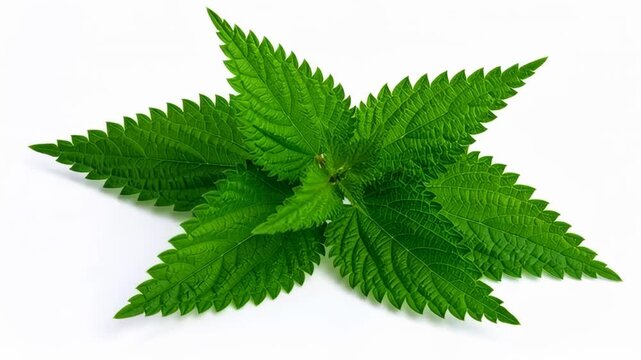 Vibrant green nettle plant leaves with serrated edges on a white background