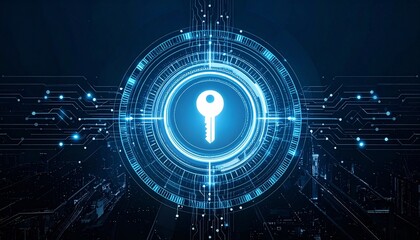 Glowing blue keyhole at center of digital circuit pattern on dark background, symbolizing secure data environment